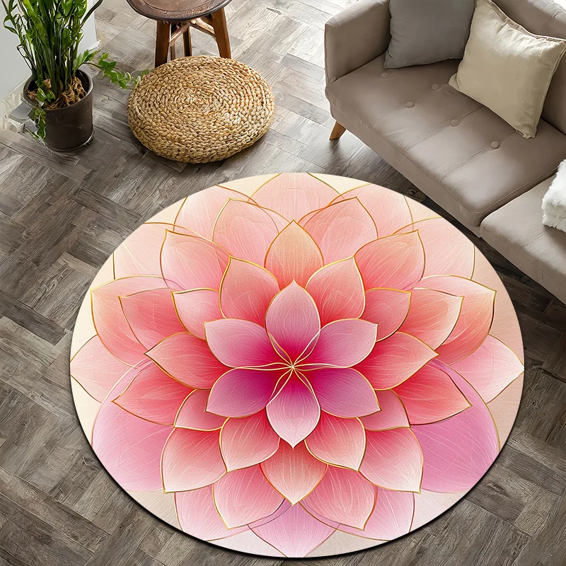 Pink gradient lotus flower Flannel-printed round floor mats are slip-resistant Suitable for room bedroom terrace garden carpets