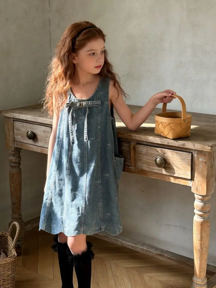 Girls Vintage Bow Denim Dress 2026 Summer New Children Clothing Korean Girls Casual Vest Dress