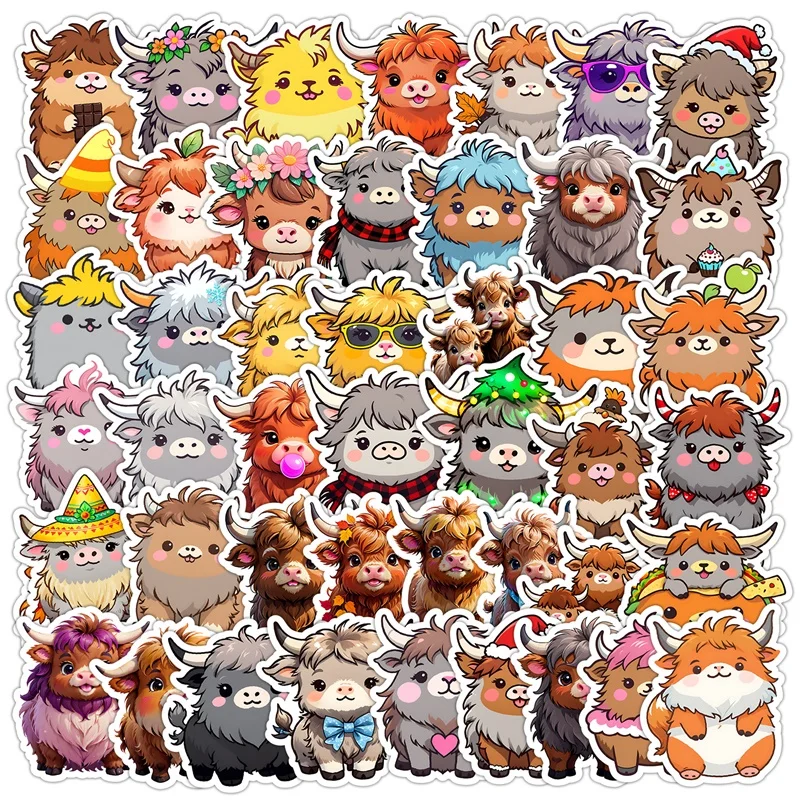 

10/30/50PCS Kawaii Highland Cattle Sticky PVC Sticker Aesthetic Decoration Scrapbooking DIY Children's Hand Accounting Supplies
