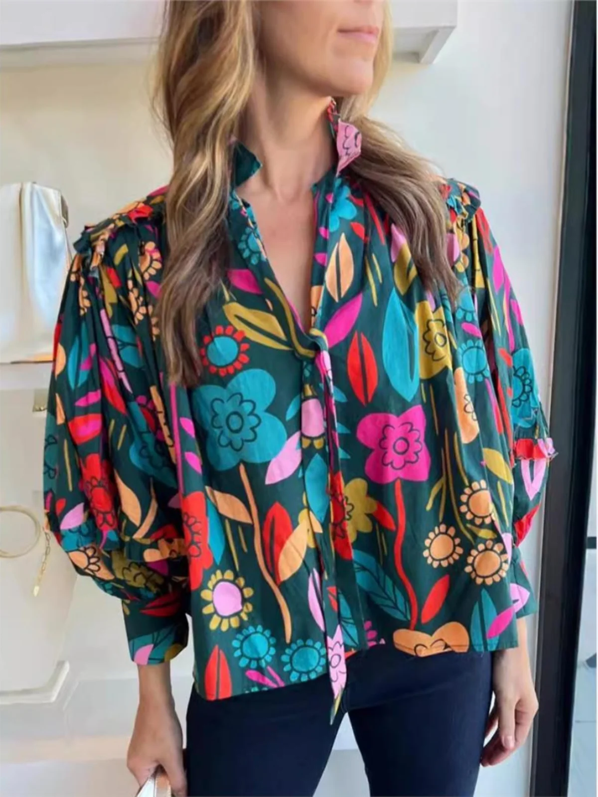 Csa Casual con Estampado Floral para Mujer, Top con Mangas Abullonadas, Cuello en V, Corta, de Poliéster, Mangas Largas, R...