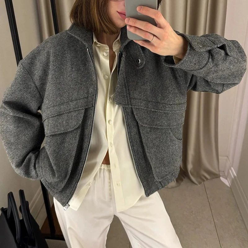 DemoRave Streetwear Vintage Zipper Pocket Jacket Women Autumn Winter Solid Casual Buttons Long Leeve Loose Coats Outwear Femme