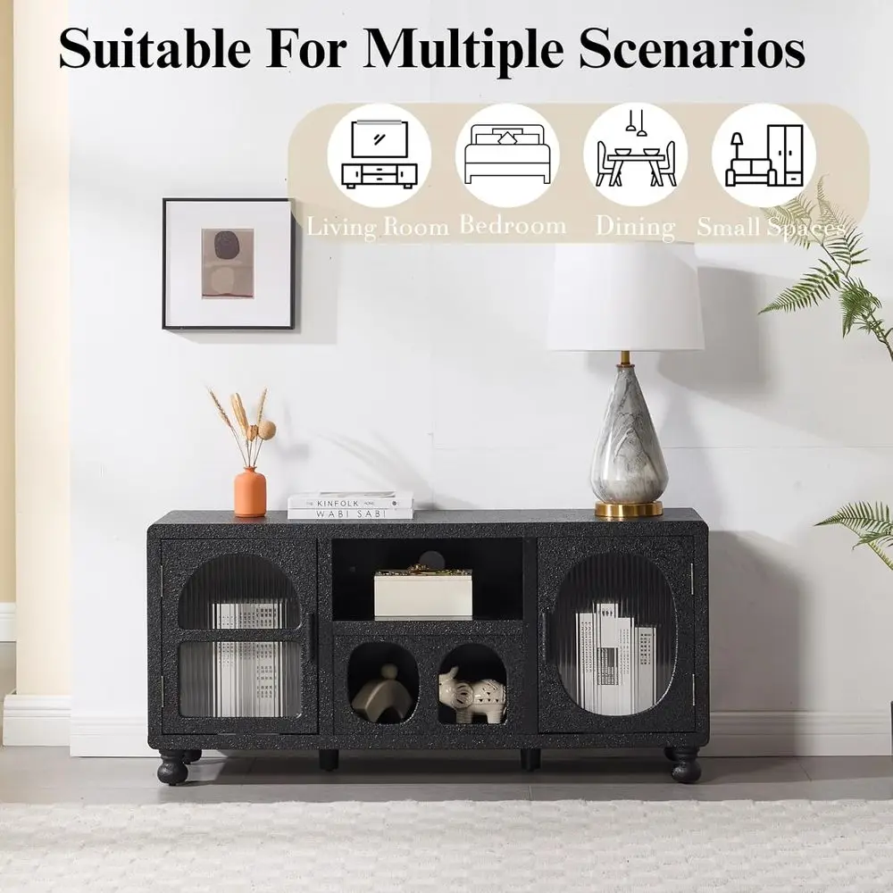47 Wide Glass Door Accent Sideboard with Arched Doors and Shelf for Home Entryway, Black view 5