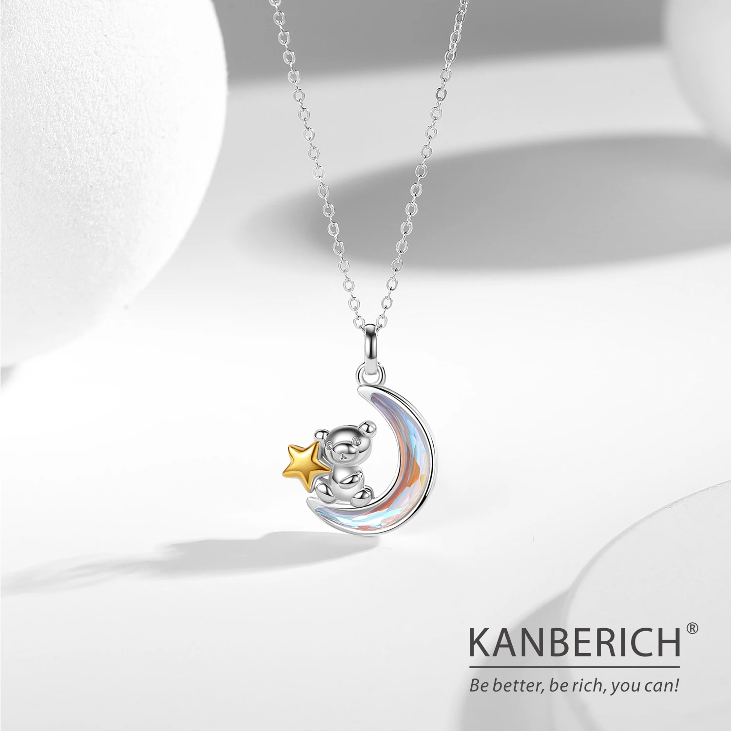 Kanberich S925 Real Sterling Silver Cubic Zirconia Little Bear Reaching for Star Pendant Clavicle Chain Necklace