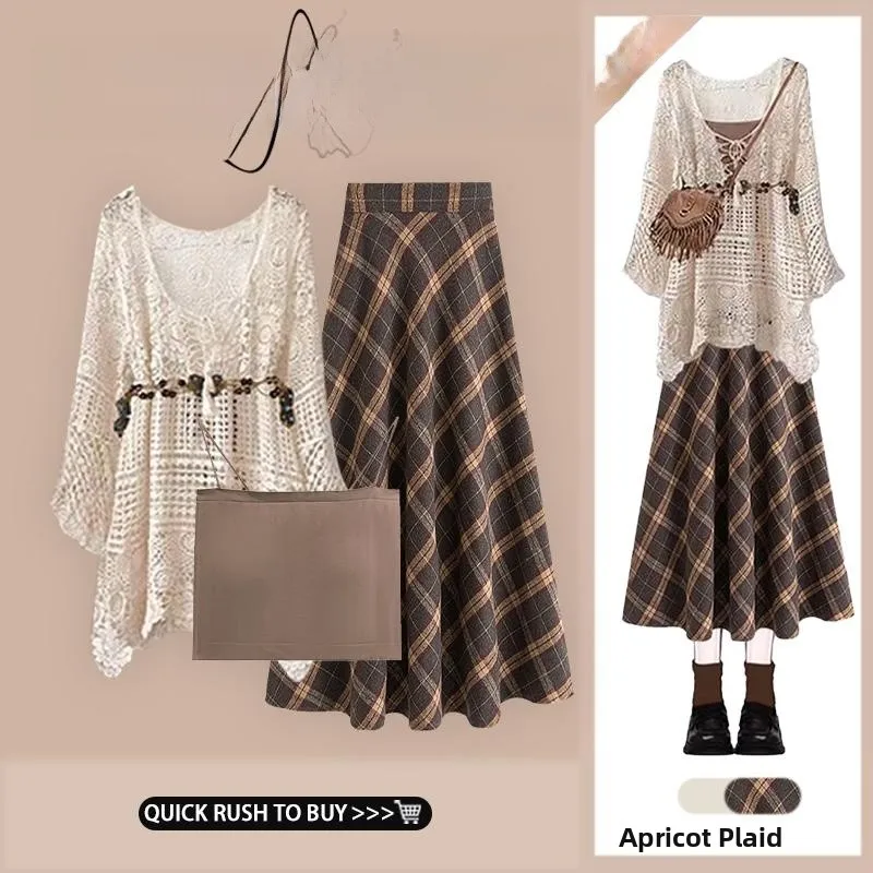 

2026 New Lazy Style Coat Top High Waist Strap Plaid Skirt Set American Style Fashion Set round Neck Long Sleeve Suit