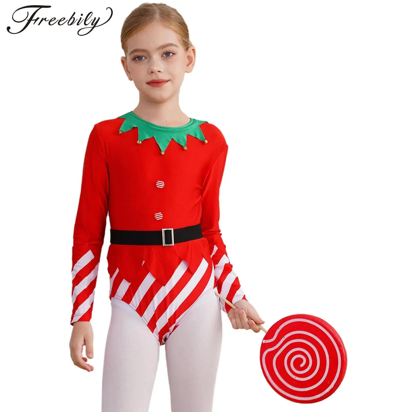 

Kids Girls Christmas Ballet Dance Leotard Long Sleeve Stripes Gymnastics Skating Bodysuit Xmas Halloween Party Dress Up Costume