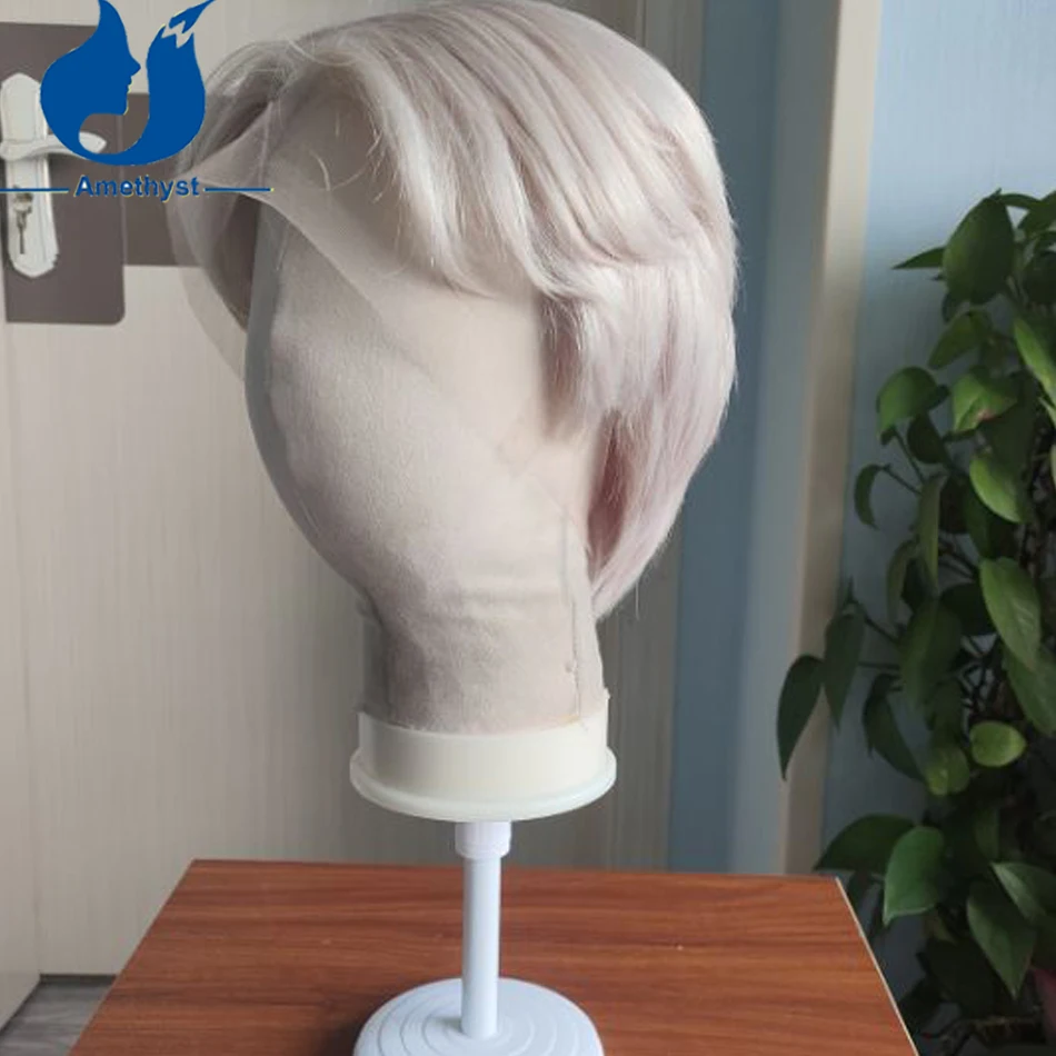Amethyst Silver Ash Blonde Human Hair Wig with Layers for Men Brazilian Remy Hair Full Transparent Lace Middle Part White #60