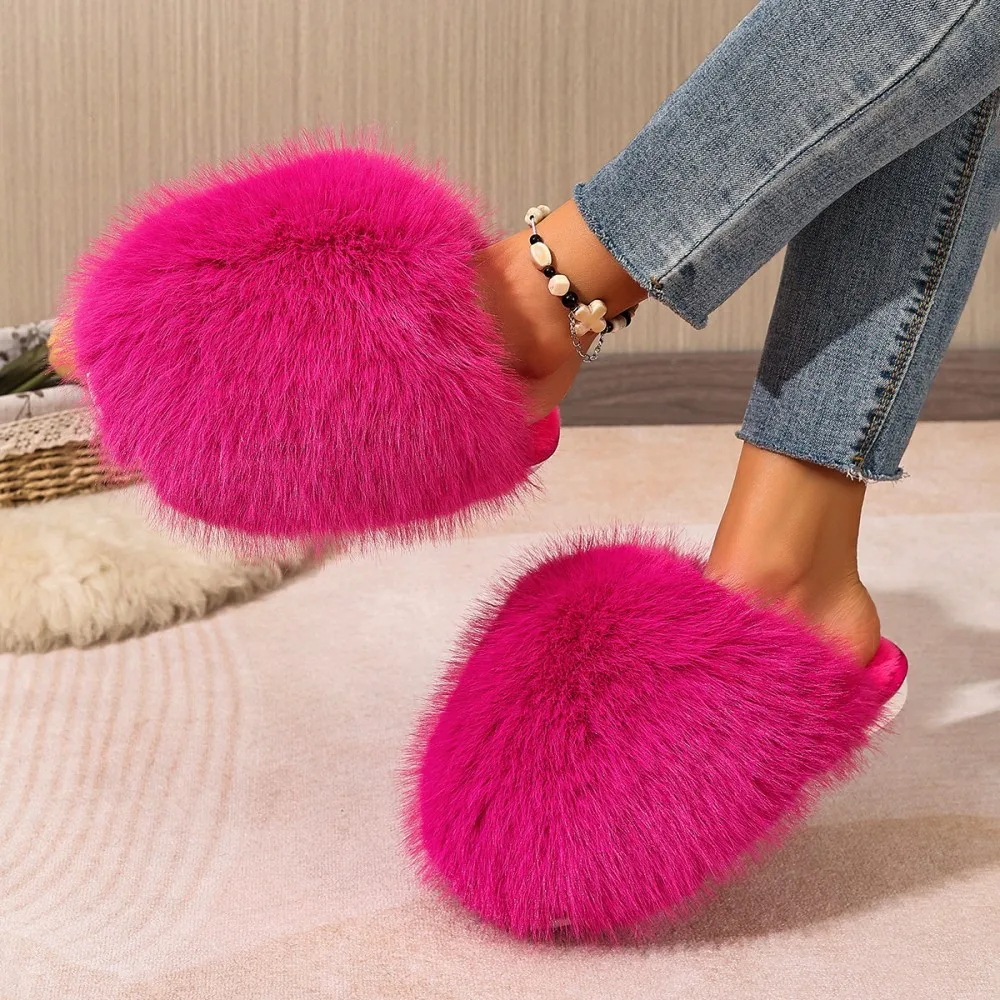 Winterfellige Damen-Hausschuhe, bequeme Flip-Flops, flache Pantoffeln, Indoor-Schlafzimmer-Plüschschuhe für Damen – Detail 22