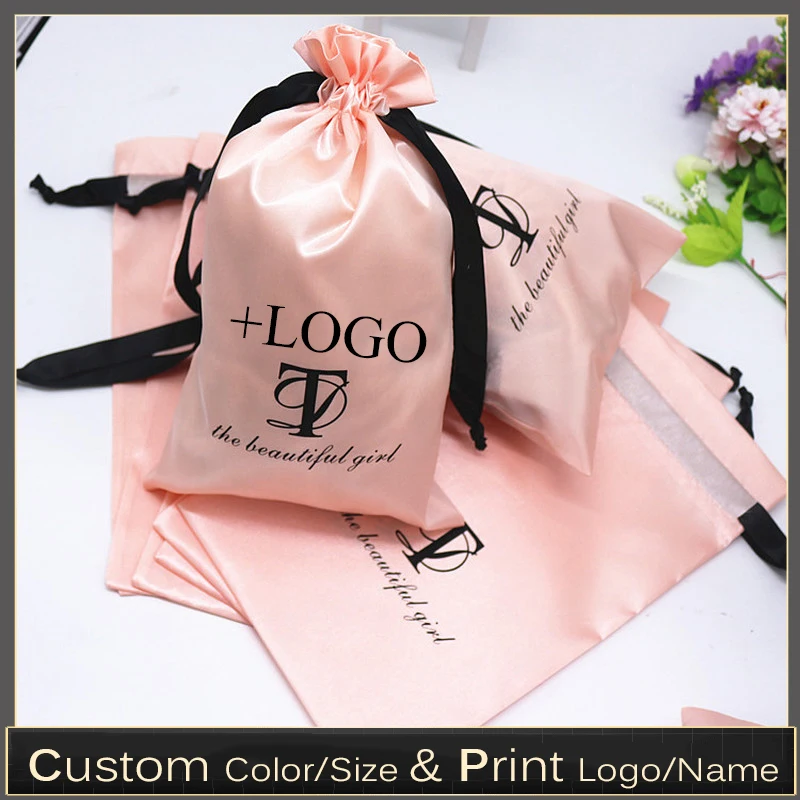 20PCS Baby Pink Silk Satin Pouch Hair Extensions/Wigs/Goods/Makeup Packaging Drawstring Bag Custom Print Logo Gift Bag