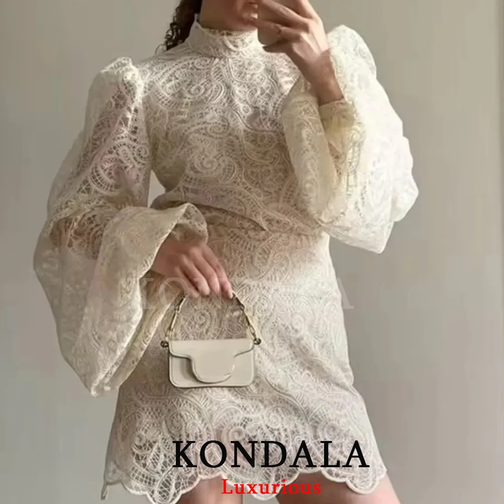KONDALA High Street Elegant Chic Women Skirt Suit Lace Long Sleeve Top Elastic Waist Mini Skirt Fashion 2026 Spring Summer Suit