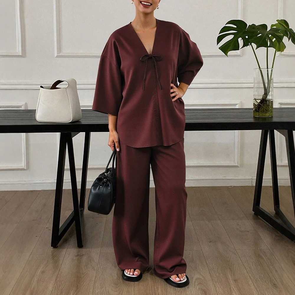 

Mia Muse Boutique Women's Sets Autumn Winter Casual Plain Bowknot Bright Silk 3/4 Sleeve V-Neck Full Length Pants Sets