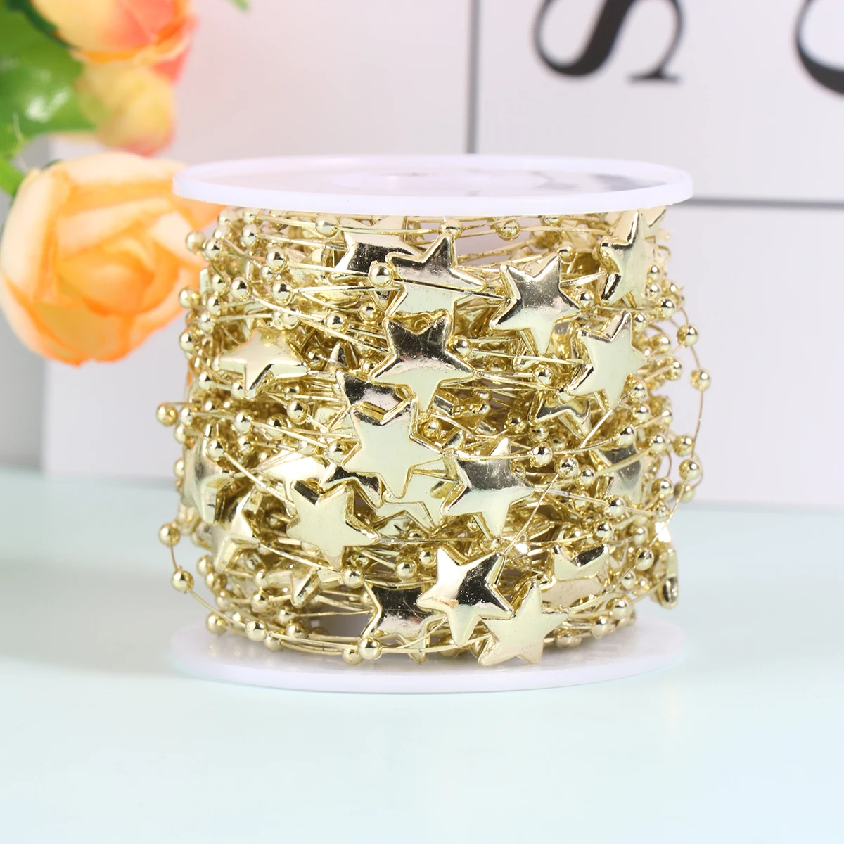 

10M Roll Five-Pointed Star String Beads Chain Shiny Gold Plastic Bead Garland for Christmas Valentine Wedding Costume Accessory