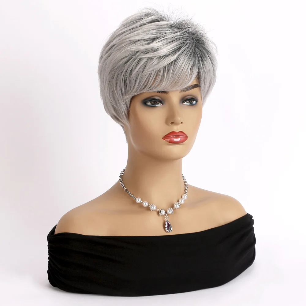 Synthetic Hair Short Cut Mixed Silver Gray Wig Layered Curly Heat Resistant Wigs With Bangs For Women Daily Use Breathable Wig