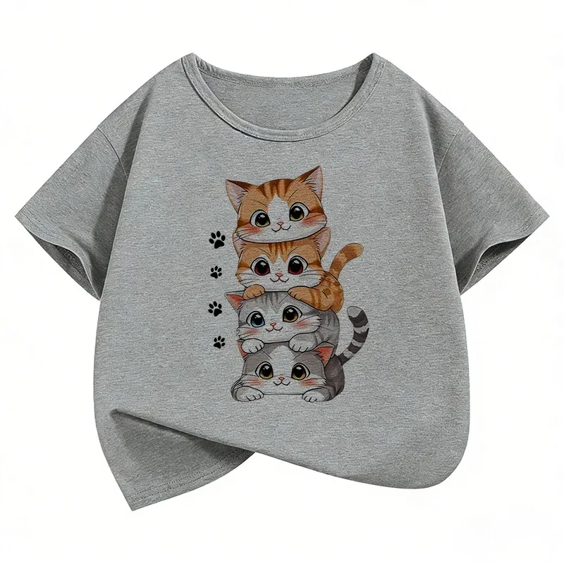 Cute Stacked Cats T-Shirt Women  Kawaii Animal Print Tee Summer Casual Loose Cotton Top Harajuku Streetwear Funny Cat Lover Gift