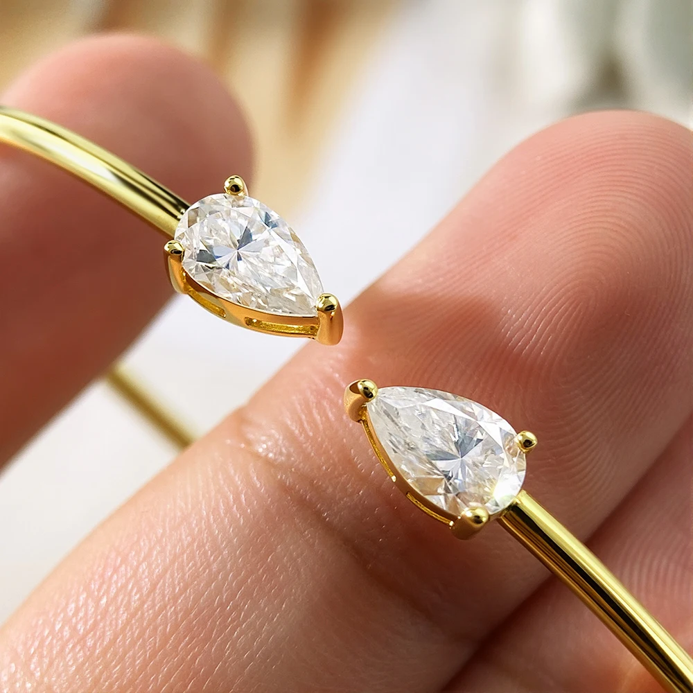COSYA 2CT Birnenförmiger Moissanit Offener Armreif für Damen S925 Silber 18K Vergoldet Wassertropfen 2 Steine Verstellbarer Edler Schmuck – Detail 9