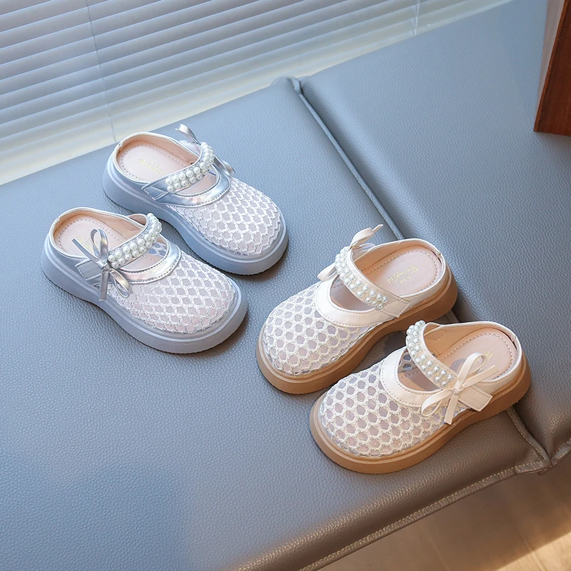Children’s Sandals for Girls 2025 Summer New Toddler Mesh Hollowed-out Toddler Beach Slippers with Cute Bowknot Barefoot Shoes