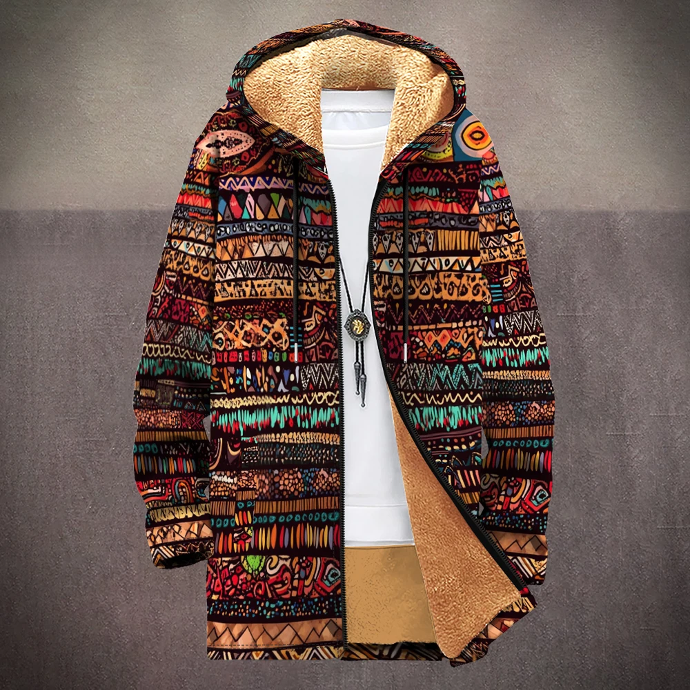 Unisex Ethnic Pattern Fleece Lined Hooded Coats Bohemian Geometric Print Long Jackets Warm Vintage Streetwear for Autumn Winter