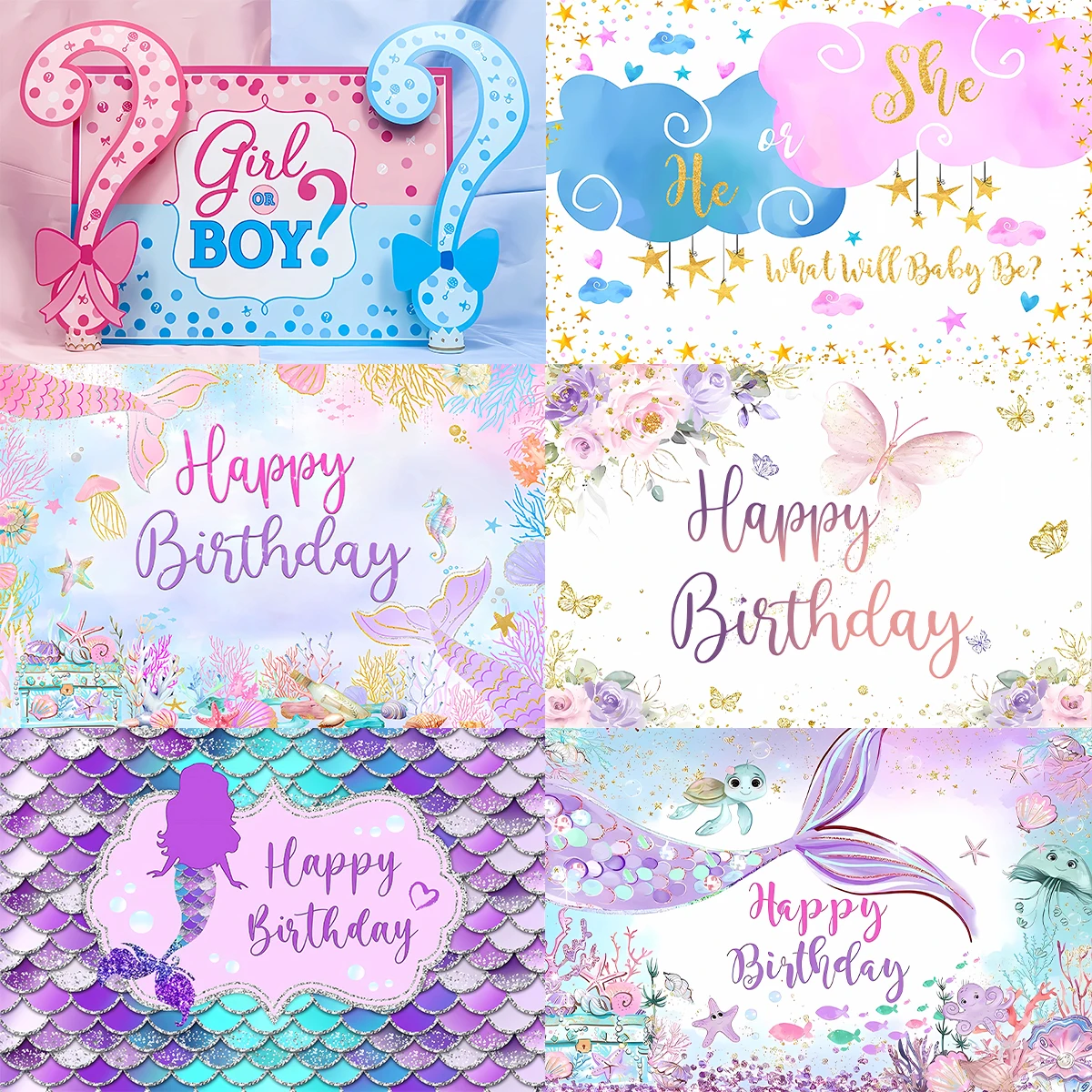 Ggender Reveal Backdrop Photocall Mermaid Party Banner Background Butterfly Happpy Birthday Pary Decor Kids Boy Girl Baby Shower