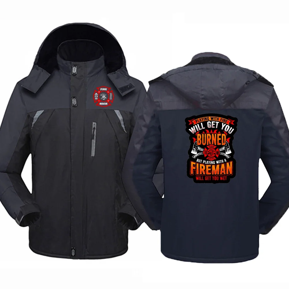 2024 Autumn Winter Men's Firefighter Rescue Team Logo Print Personality Thickened Warm Outdoor Patchwork Windbreaker Hooded Coat