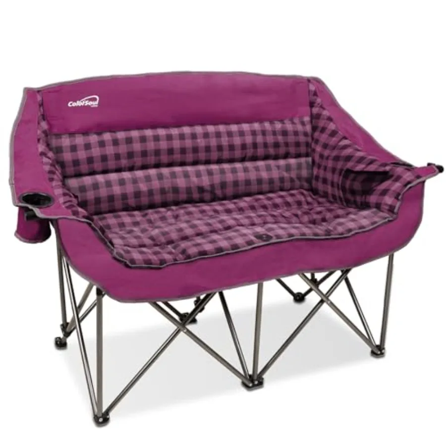 

Camping chair for 2 persons polyester plaid fabric purple double folding with full padding cup holder wine glass holder mesh st