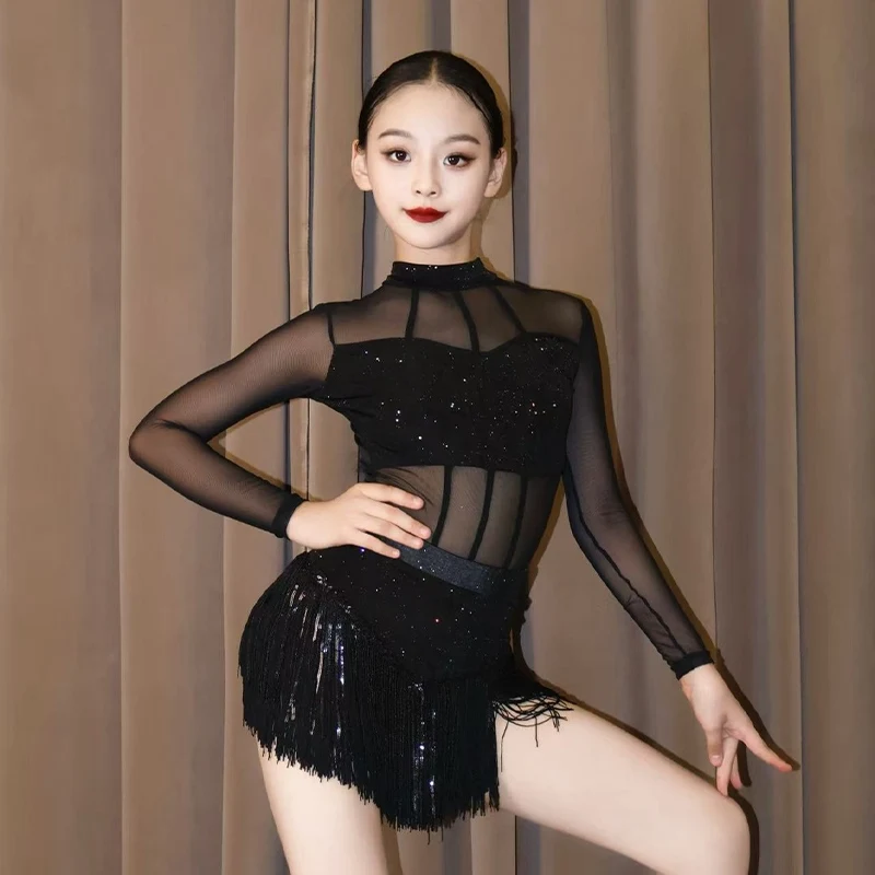 Girls Latin Dance Competition Dress Sequin Fringe Dress Black Mesh Long Sleeves Cha Cha Dance Clothes Performance Dress