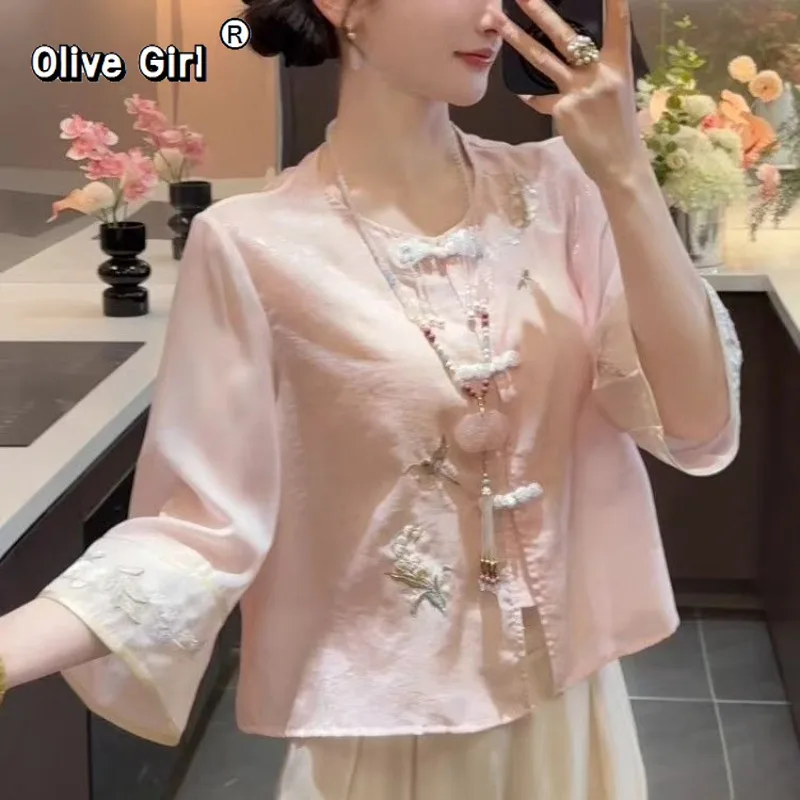 

Женская розовая шуба Olivegirl с синей вышивкой в виде цветов, шифоновая куртка, весна 2026, роскошный высококачественный топ в нежном сказочном стиле