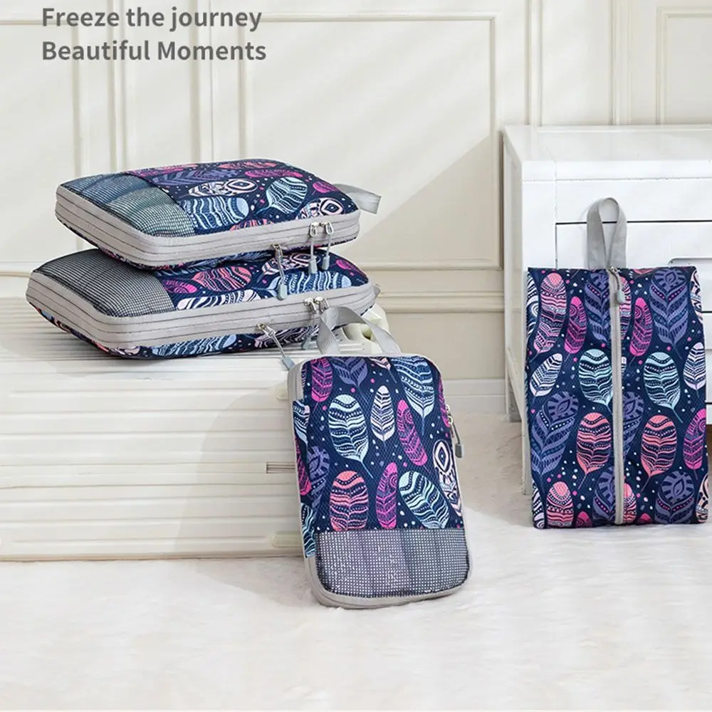 

4pcs/set Printed Compression Storage Bag Foldable Large Capacity Luggage Storage Bags Set Dampproof Washable Packing Cubes Shoes