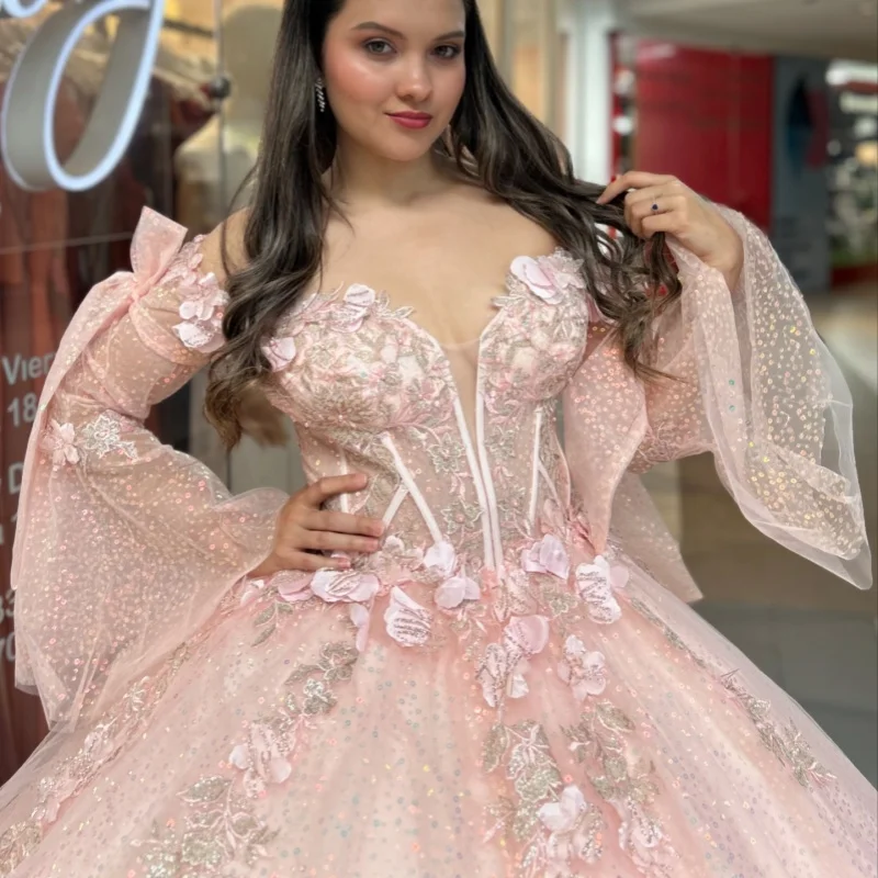 

Shiny Light Pink Quinceanera Dresses Off the Shoulder Crystal 3D Flower Decal Long tail Vestidoe 15 Quinceanera Customize