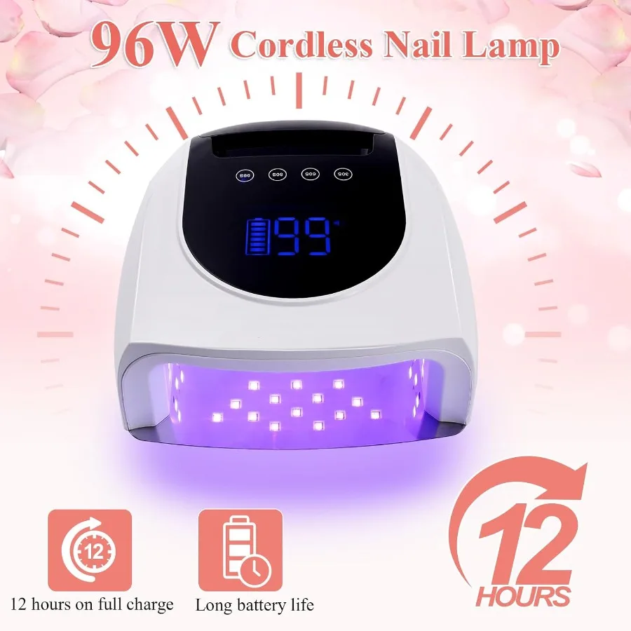 مصباح أظافر LED لاسلكي بالأشعة فوق البنفسجية بقدرة 96 وات مصباح أظافر للأشعة فوق البنفسجية لطلاء الأظافر ومجفف أظافر محمول ومصباح أظافر محمول مع 4 مؤقت وشاشة LCD