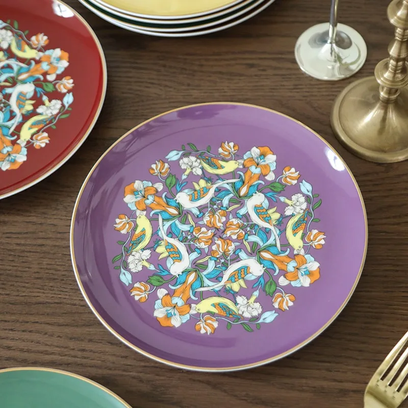 Golden Stroke Bone China Dinner Plate American Retro Painted Flowers Ceramic Plate Creativity Afternoon Tea Cake Dessert Dishes