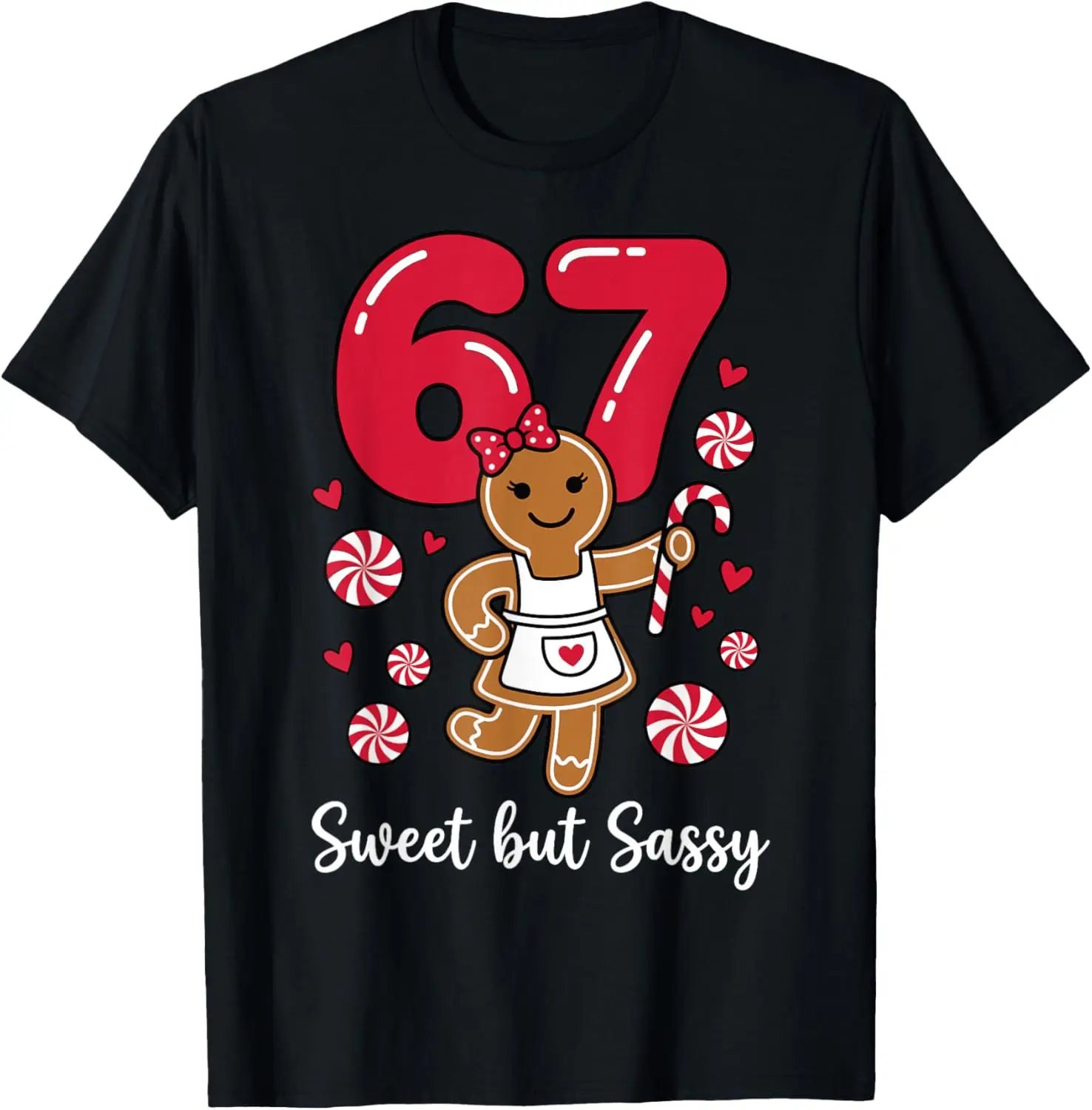 Cute Gingerbread Girl 67 Red Bubble Letters Peppermint T-Shirt Summer Short-Sleeved Breathable Sweat-Wicking Versatile Fashion