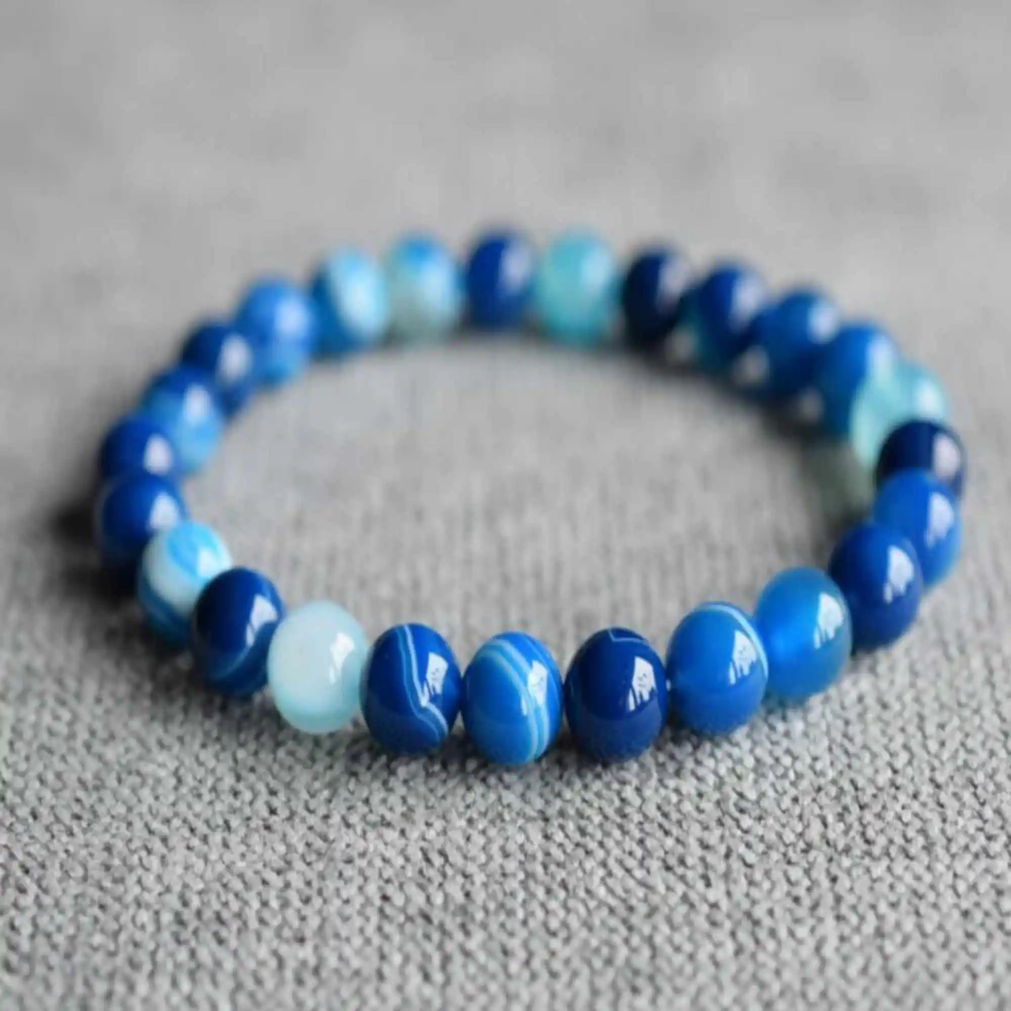 

Natural 8mm Blue round banded agate courage crystal bracelet Seven Chakras Cuff Meditation Prayer Wristband Men