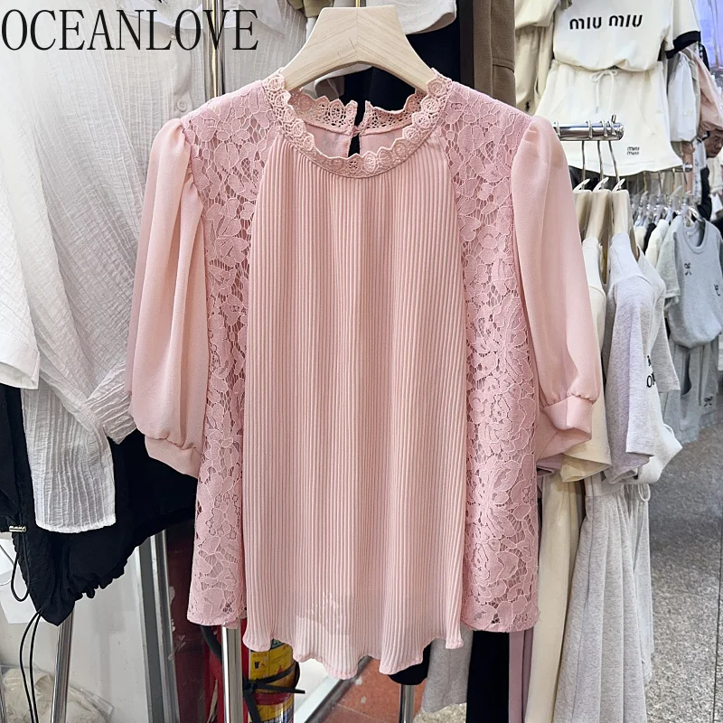 OCEANLOVE Folds Solid Shirts&blouses Women Tops Solid Lace Korean Fashion Elegant Blusas Mujer Vintage Elegant Camisas