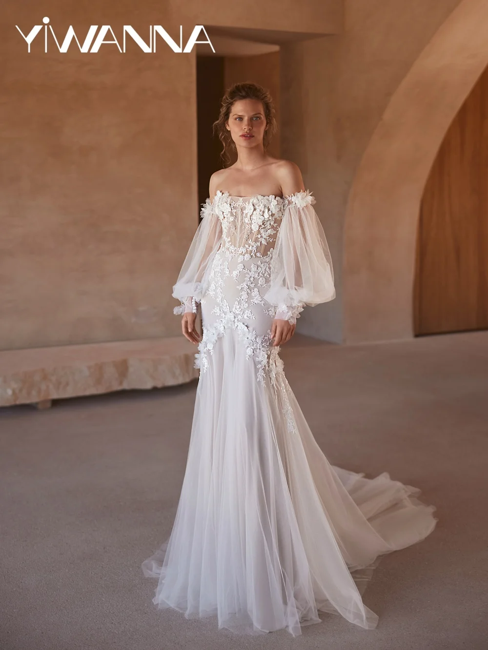 

Dazzling Pearls 3D Floral Wedding Dress Detachable Sleeve Mermaid Long Bridal Gown Customized Dreamy Strapless Dresses For Bride