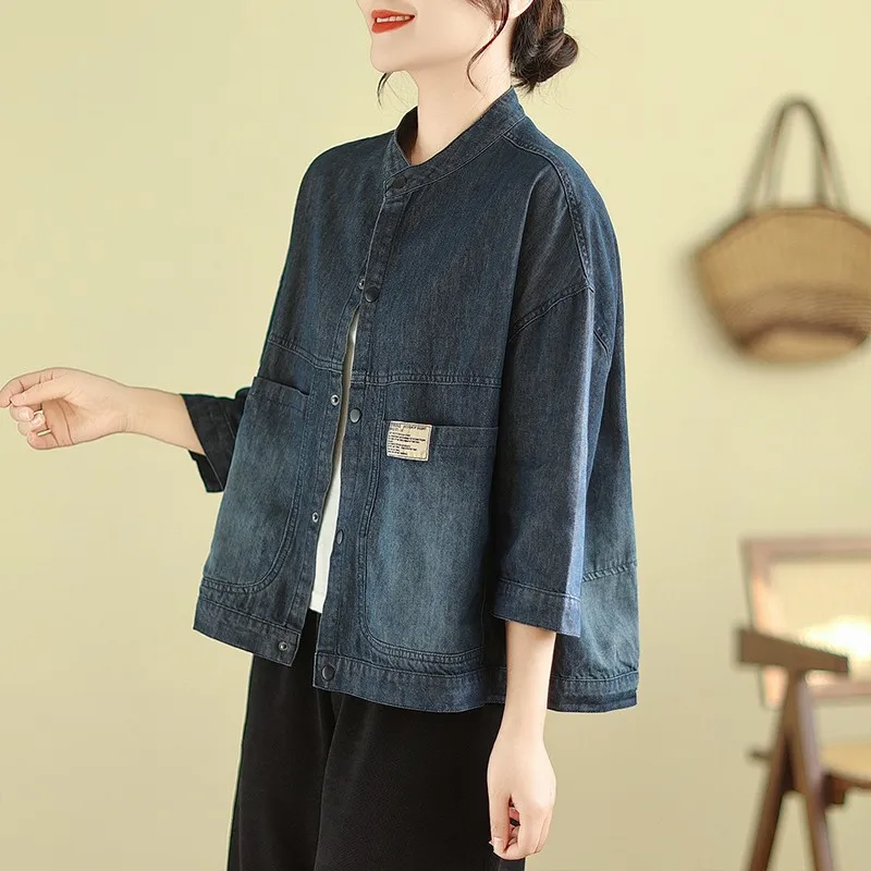 Women Casual Denim Jackets New Arrival 2024 Spring Korean Style Vintage Stand Collar Basics Loose Female Jeans Coats B3624