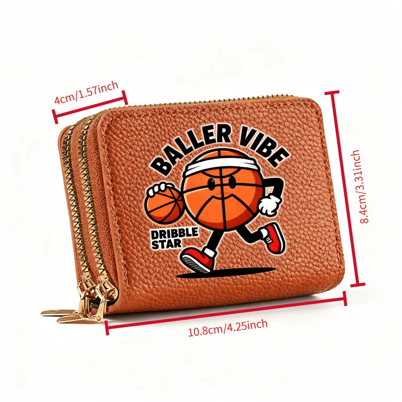 1pc Basketball Enthusiast Classic Lychee Pattern Zero Wallet Organ Bag Double Zipper Multi functional Basketball Male and Female