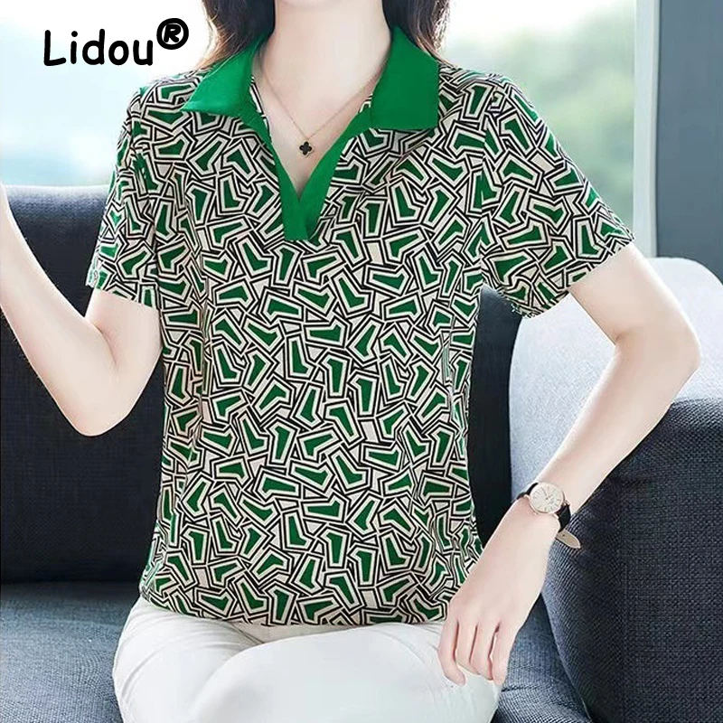 Women Clothing 2024 Summer Korean Fashion Print Patchwork Elegant Polo Collar T-shirt Female Casual Short Sleeve Slim Fit Tops