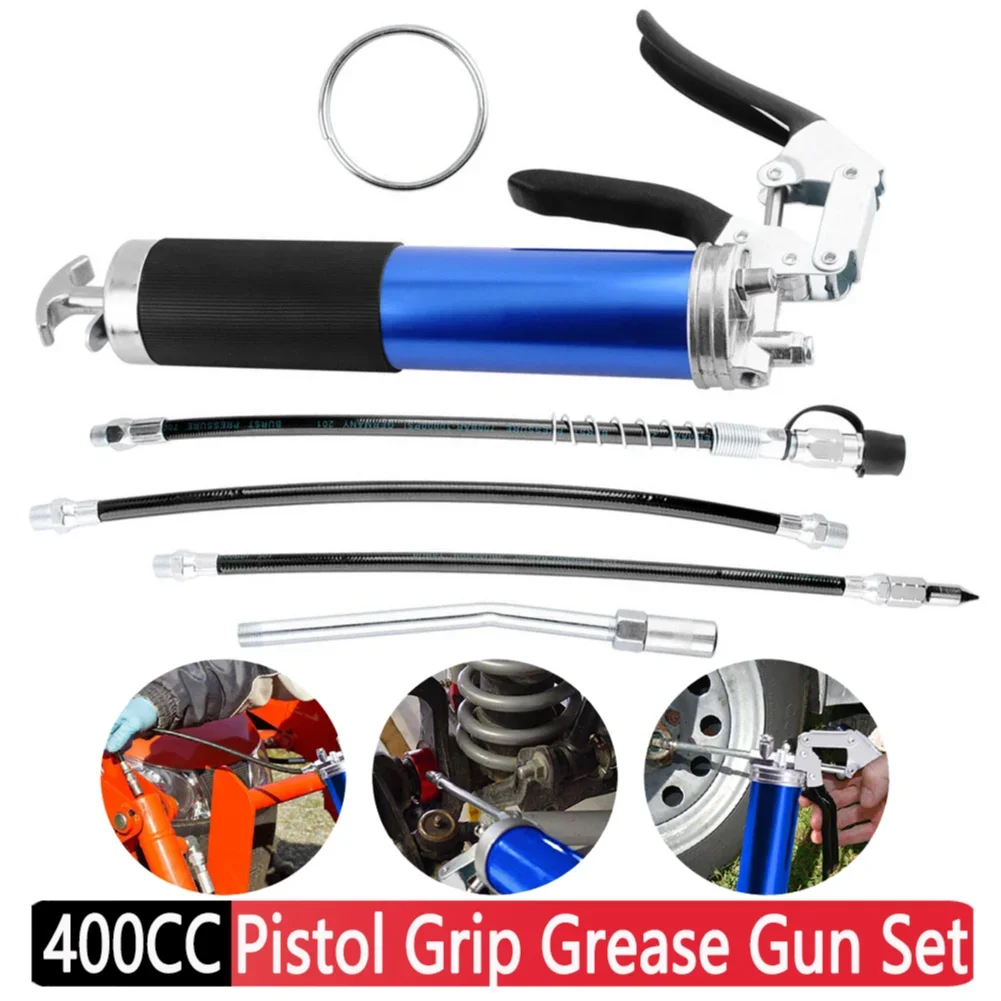 6000-7000PSI Heavy Duty Powerful Mini Grease Gun Pistol Grip Manual + Flexible Hose Pipe 400cc Handheld Grease Filling Injection