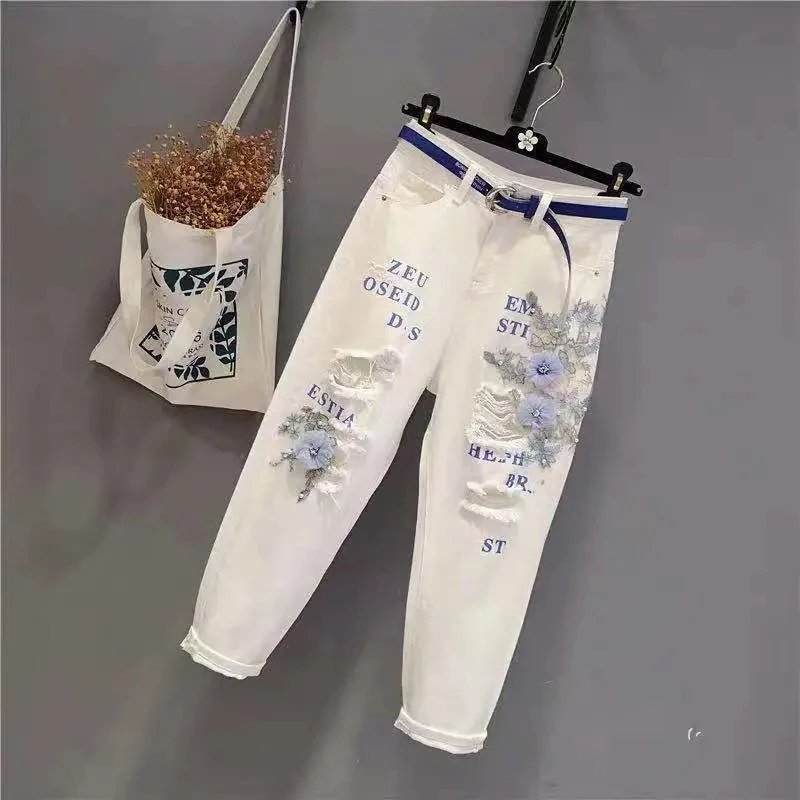 White Jeans New Autumn Women's Heavy Industry Lace Beggar Hole Denim Pants Embroidery Wild Ripped Jeans Ladies Loose Haren Pants