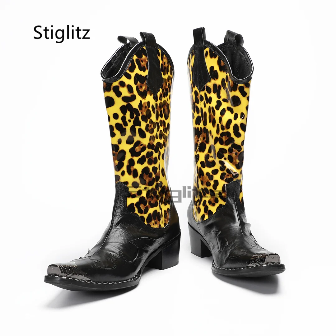 الرجال ليوبارد طباعة أحذية ركوب الخيل التطريز الطوطم جلد طبيعي عالية الكعب الأحذية الغربية Patckwork المعادن تو منتصف العجل الأحذية