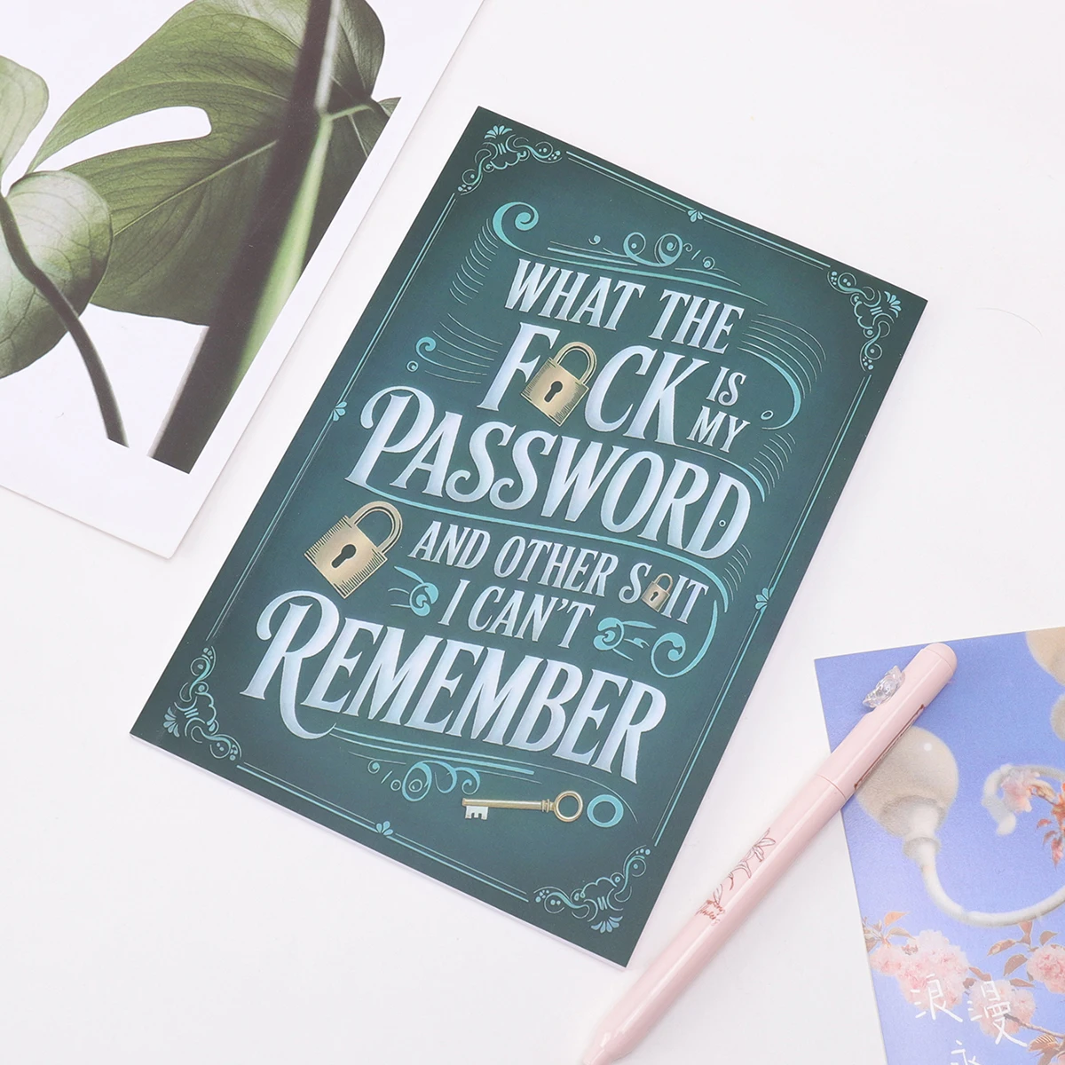 Teal Cover Gold Key Design Notebook - Suitable for Internet and Computer Login, Username and Password Login, Office Notebook