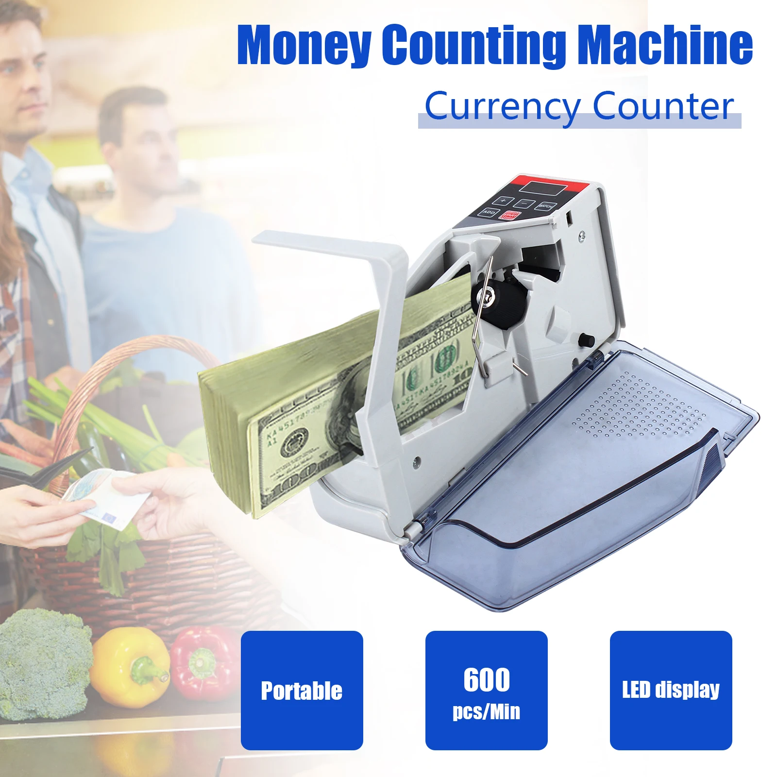 

V10 Money Counter, Mini Money Counting Machine, 600 Pcs/min, LED Display, suitable for Multi-Currency Handy Banknote Counter
