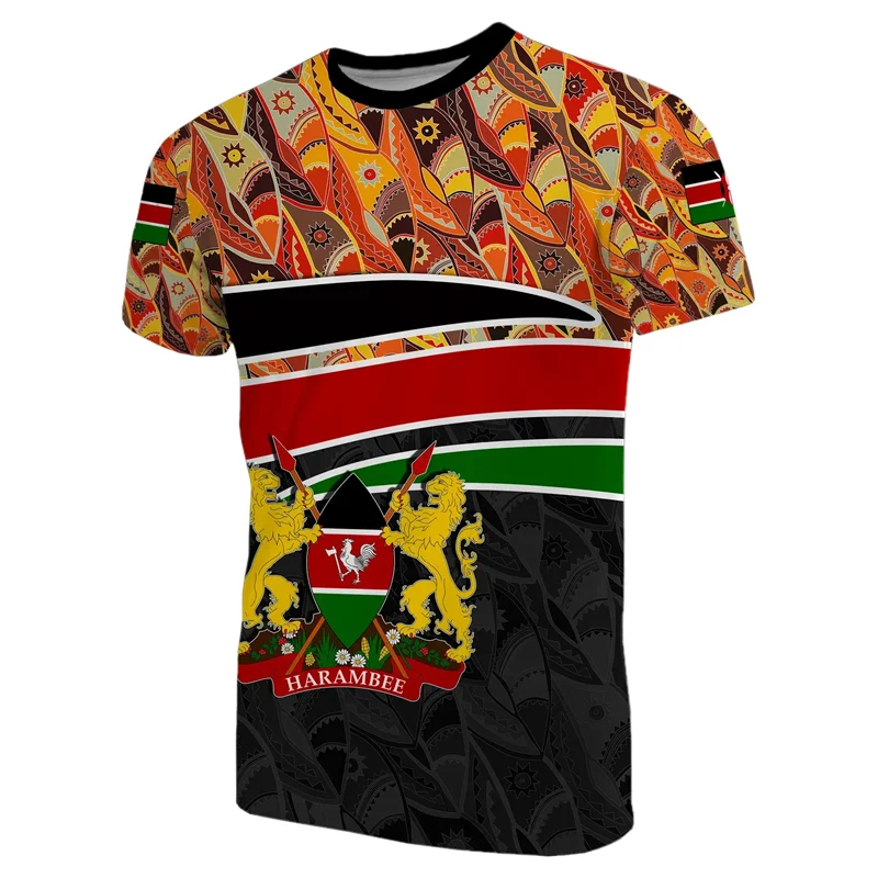 African Kenya T-shirt Coat Of Arms 3D Printed T Shirts For Men Casual Street Round Neck Tees Tops Summer Sports Short Sleeves