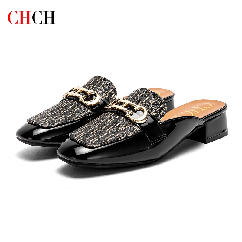 CHCH Buckle Mules for Women Round Toe Backless Flat Mules Slides Mules Shoes Ladies Slip-on Loafers