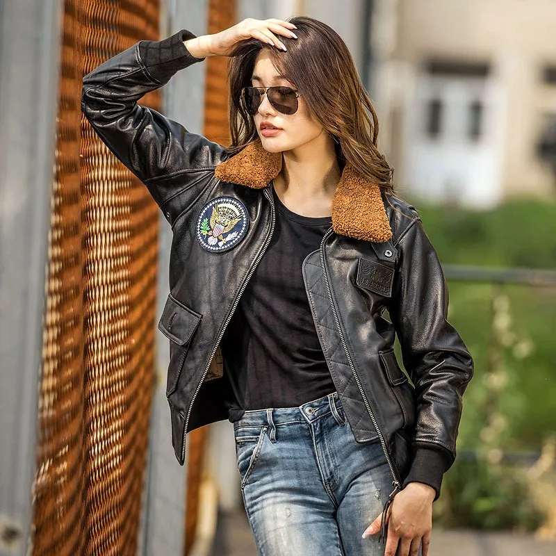 2024 New Women Air Force G1 Pilot Jacket Fashion Real Cowskin Velcro Insignia Jackiets Woman Lined With Cotton Winter Coats