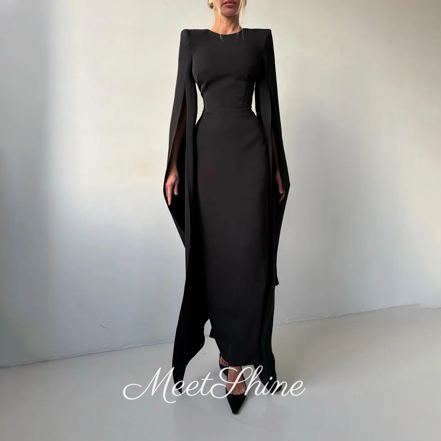 

Modern Black Mermaid Satin O-Neck Evening Dresses Simple Long Floating Sleeves Ankle Length Formal Party Gown Customized