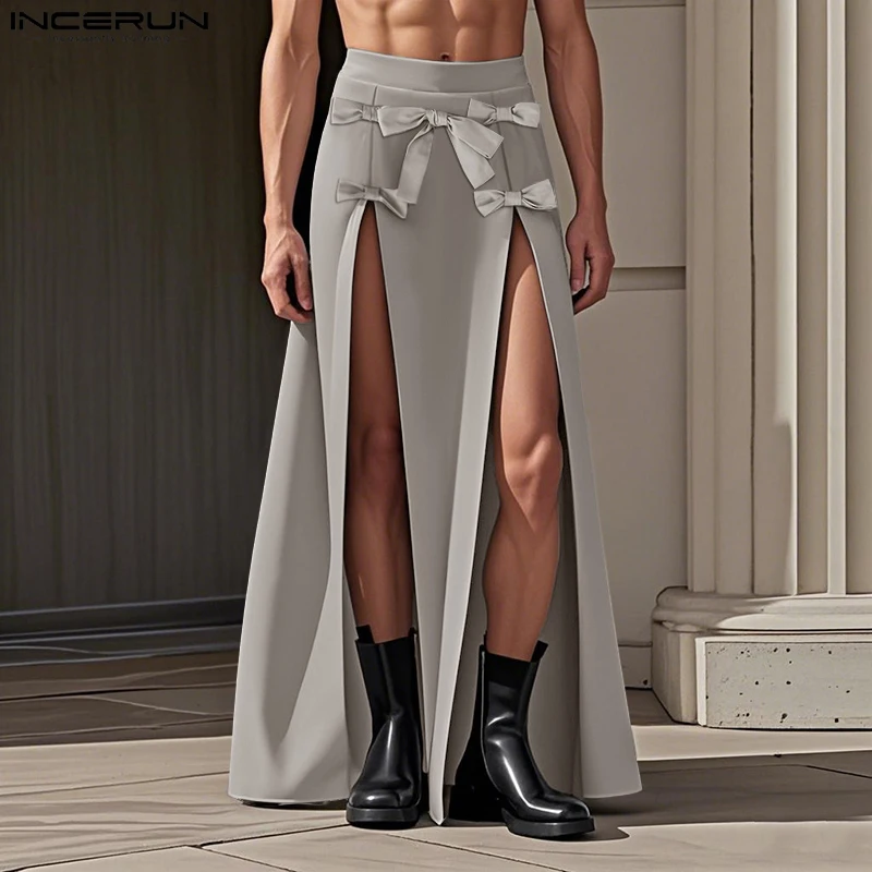 

Men Skirts Solid Color Bow Split Casual Male Pants Oversize Streetwear 2025 Sexy Irregular Trousers Fashion Men Bottoms INCERUN
