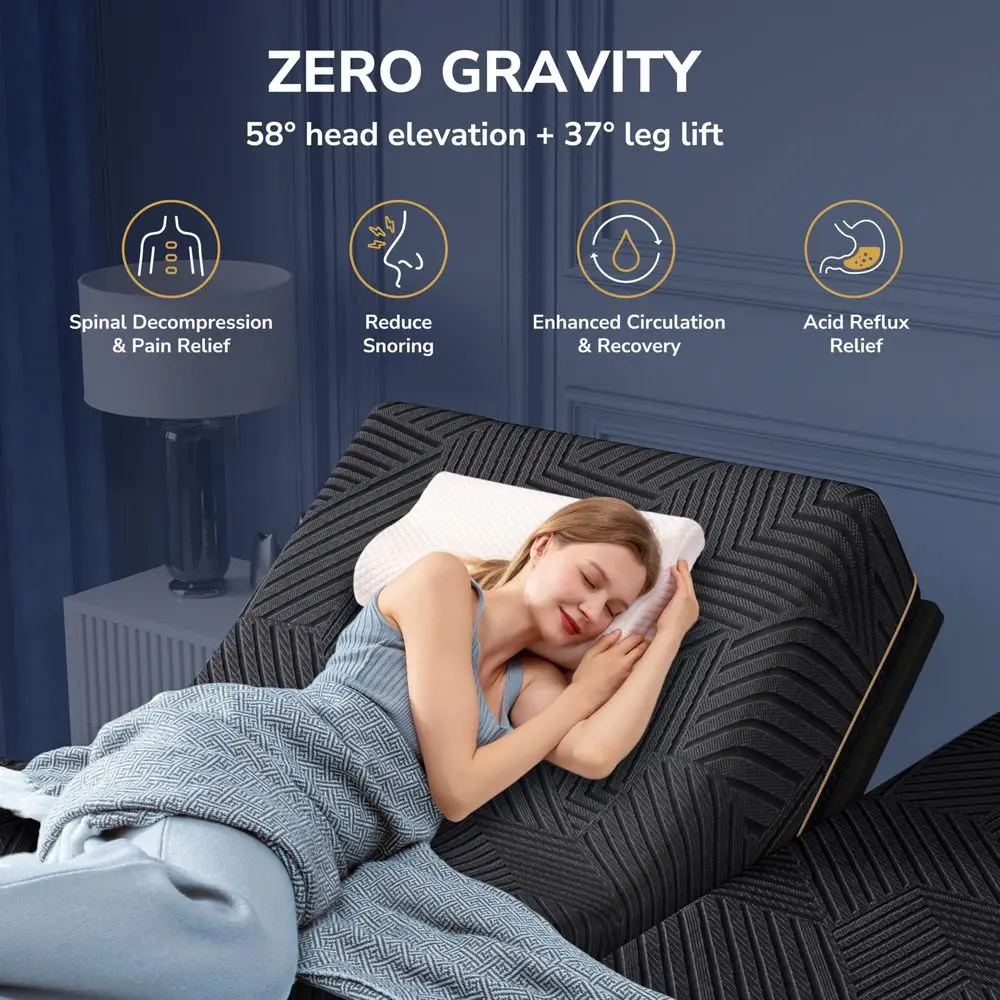 Twin XL Adjustable Bed Frame and 14 Inch Cooling Memory Foam Mattress, Wireless Remote Head and Foot Incline,12 inch Legs, Zero