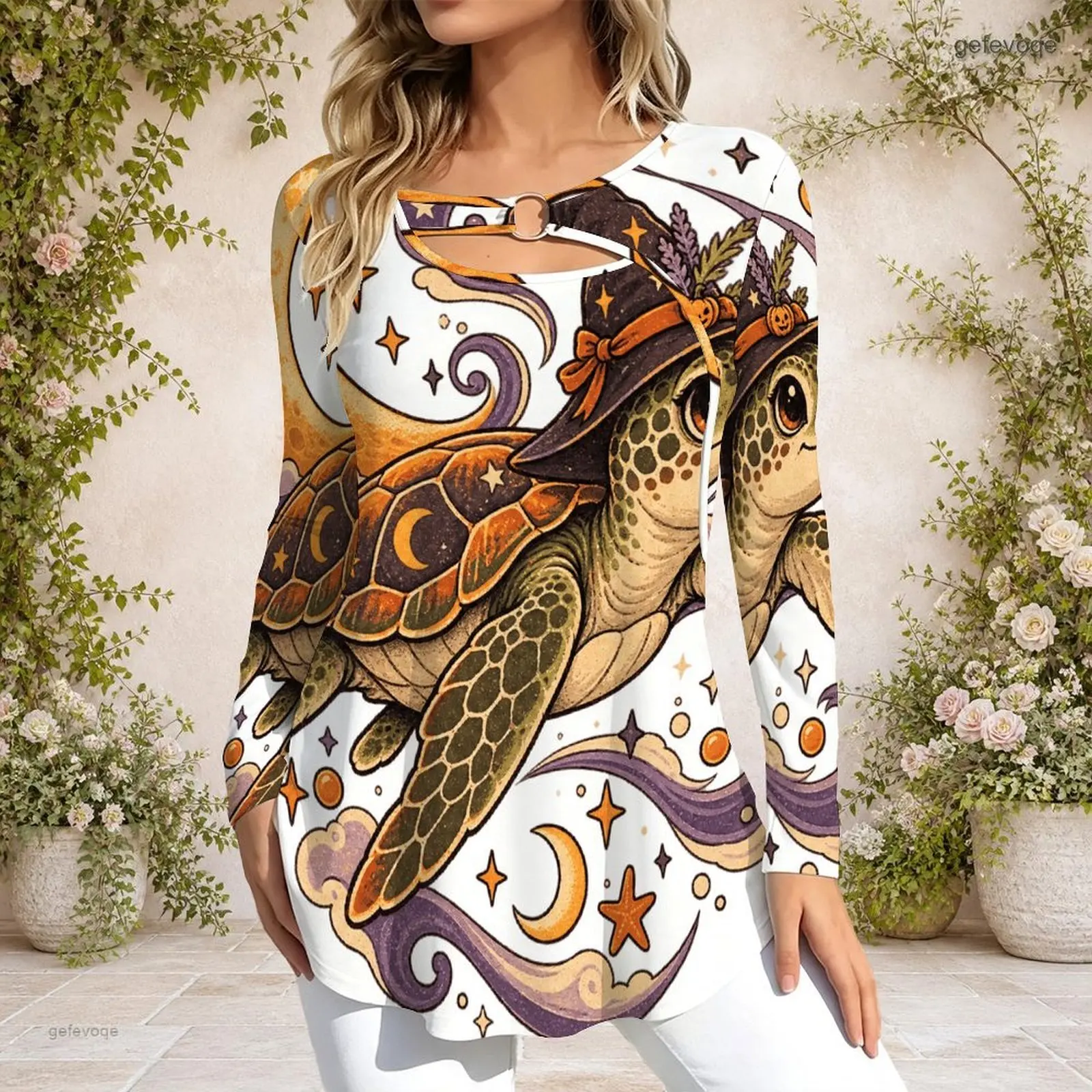 Women Printed Top Keyhole Ring Neck Long Sleeve Flared Hem
