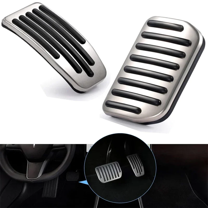 Foot Pedal Pads Set for Tesla Model 3 Model Y with Grooved Rubber Stainless Steel Brake and Accelerator Pedal Covers Accessories