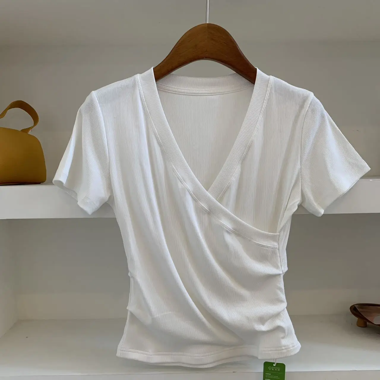 Women's Slim Fit T-Shirt V-Neck Cross Short Sleeve Casual Style Cotton Polyester Blend Waist-Cinching Folded Hem Versatile Top